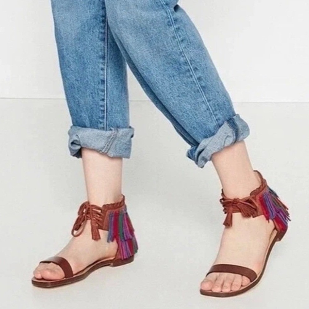 Zara Woman Leather Fringe Sandals Brown Multi Color Lace Up Boho Flat 40 NEW